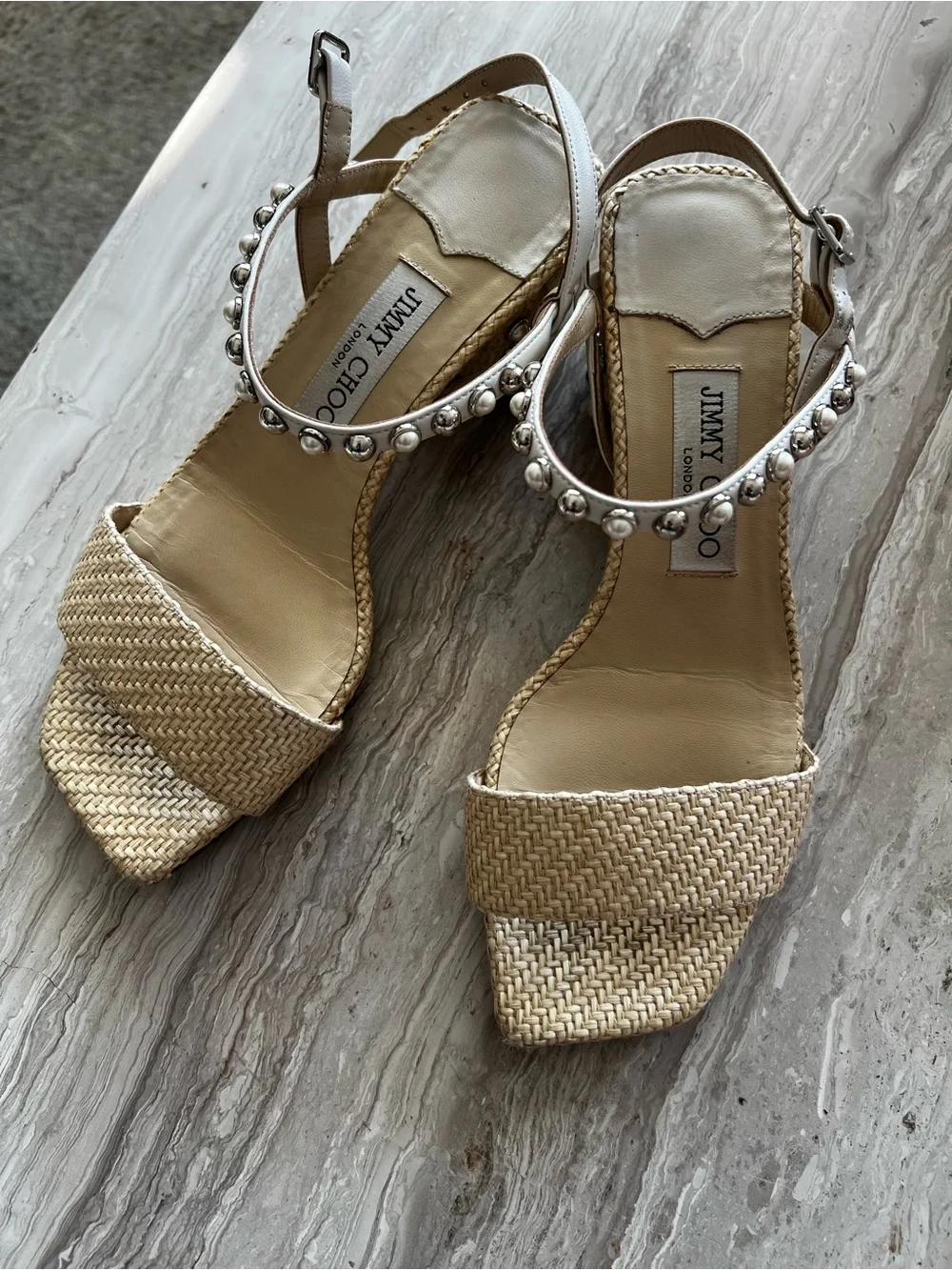 Jimmy Choo Cream Woven Raffia Sandals with Silver Studded Ankle Strap - Picture 1 of 10